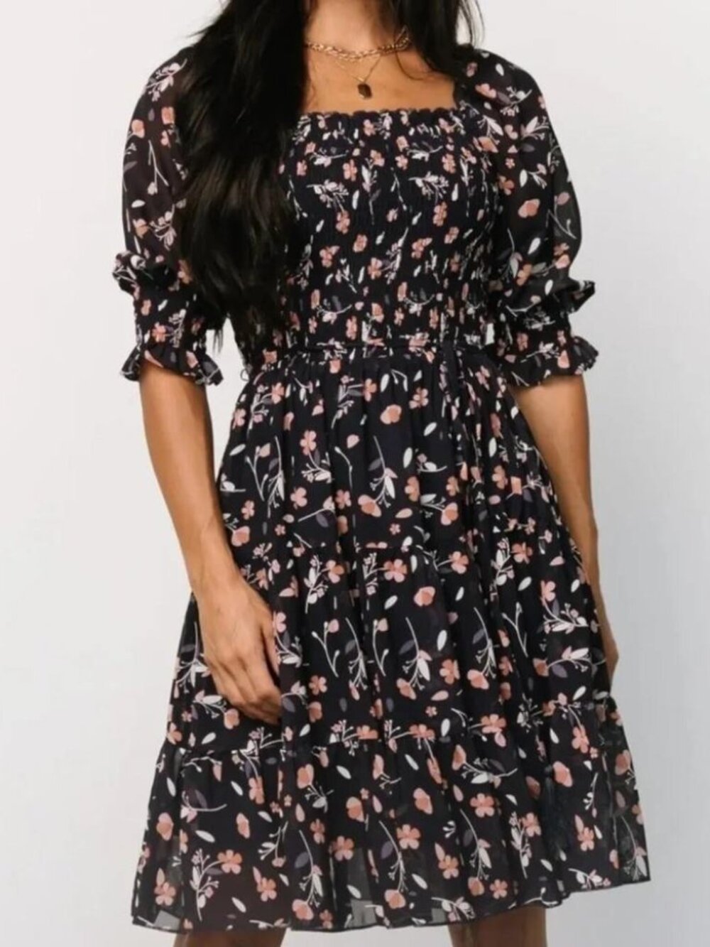 Baltic Born Azlyn smocked floral chiffon dress puff sleeves tassel belt ruffle